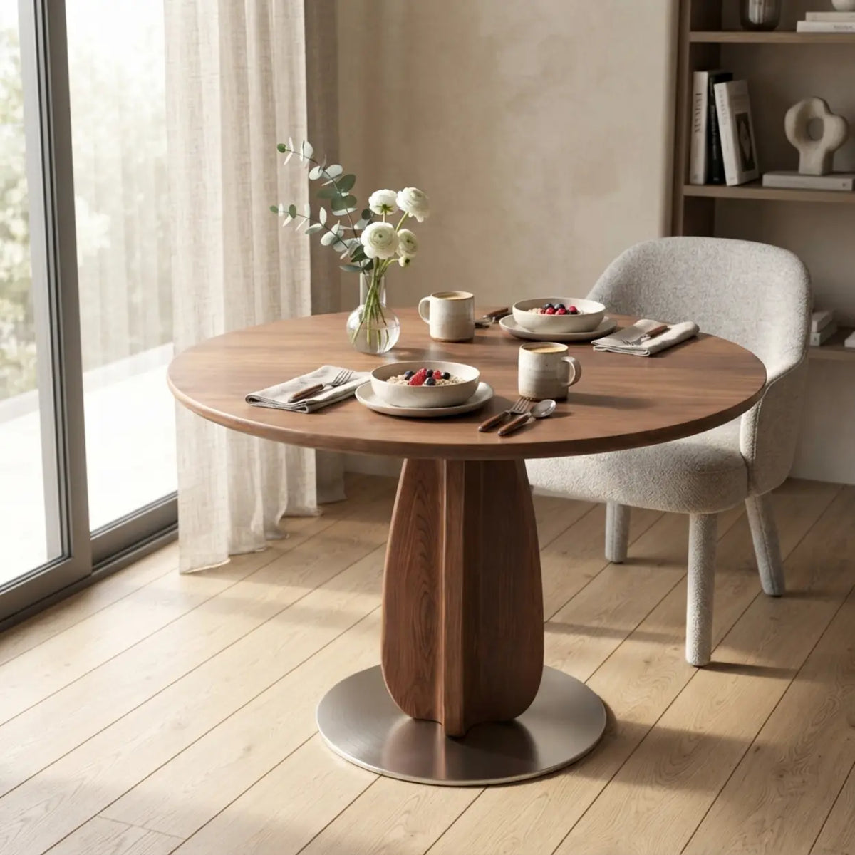 Walnut Solid Wood Round Pedestal Dining Table with Metal Base Image - 9