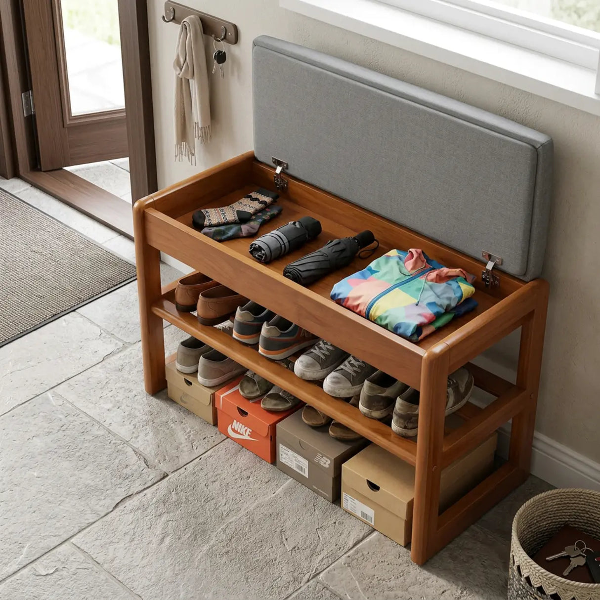 Walnut Solid Wood Shoe Storage Bench with Lift-Top Cushioned Seat Image - 1