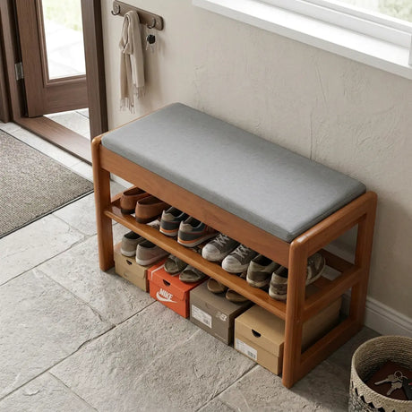 Walnut Solid Wood Shoe Storage Bench with Lift-Top Cushioned Seat Image - 2