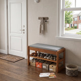 Walnut Solid Wood Shoe Storage Bench with Lift-Top Cushioned Seat Image - 3
