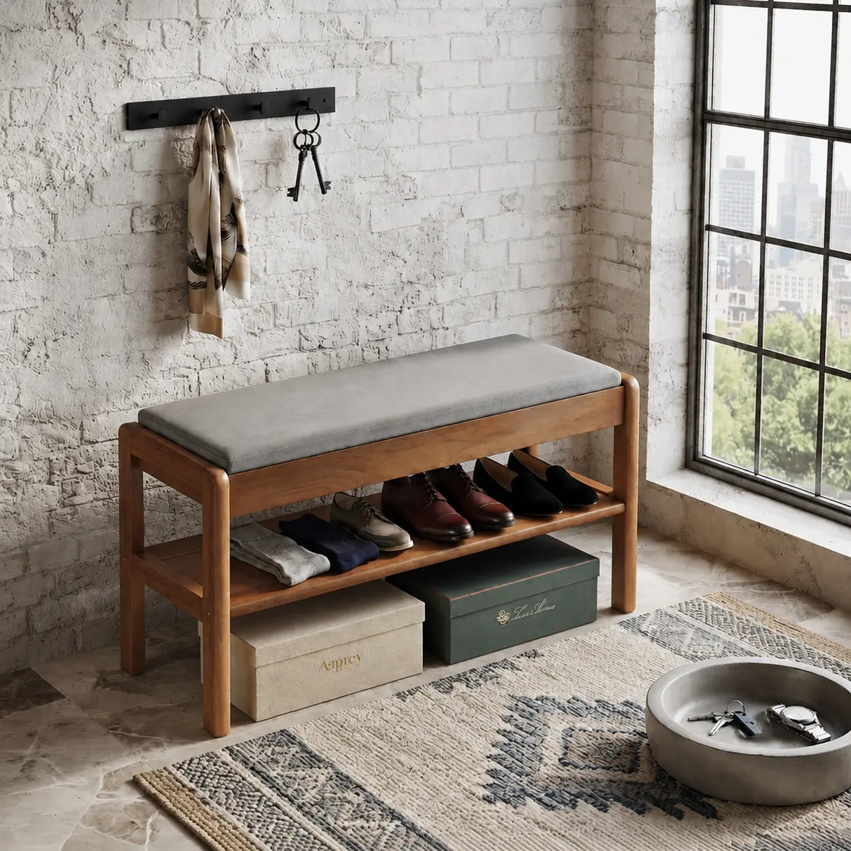 Walnut Solid Wood Shoe Storage Bench with Lift-Top Cushioned Seat Image - 4