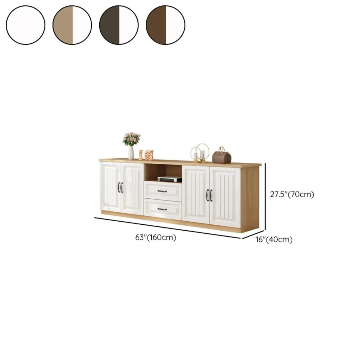 Walnut-White Wood Open Storage Rectangle TV Stand Image - 16