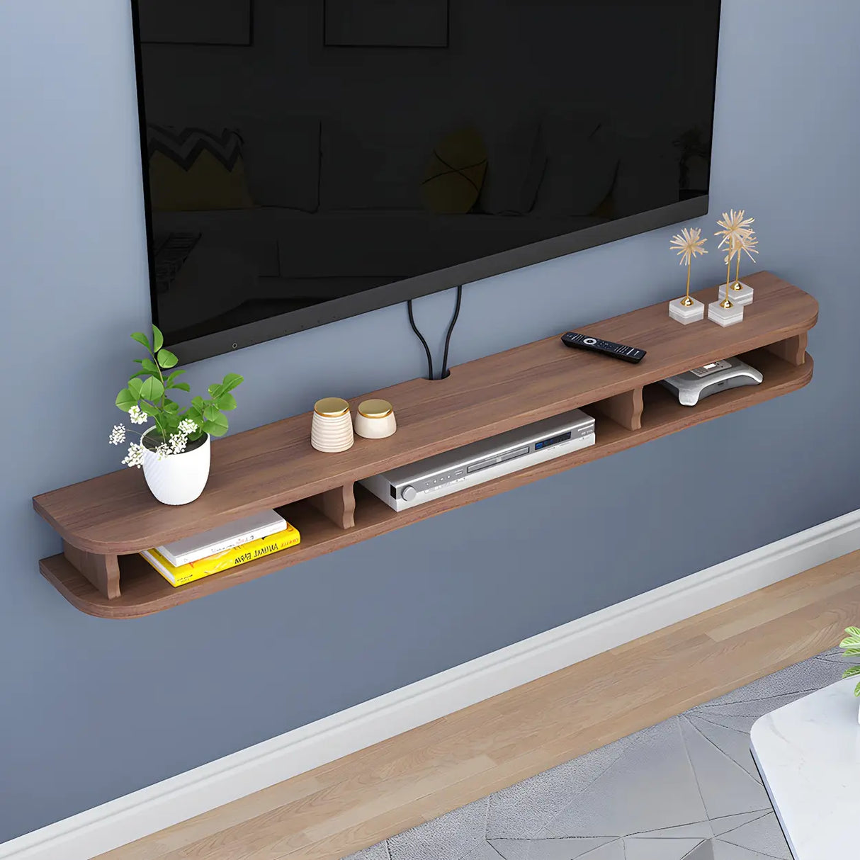 Walnut Wood Floating Mount Open Storage TV Stand Image - 11