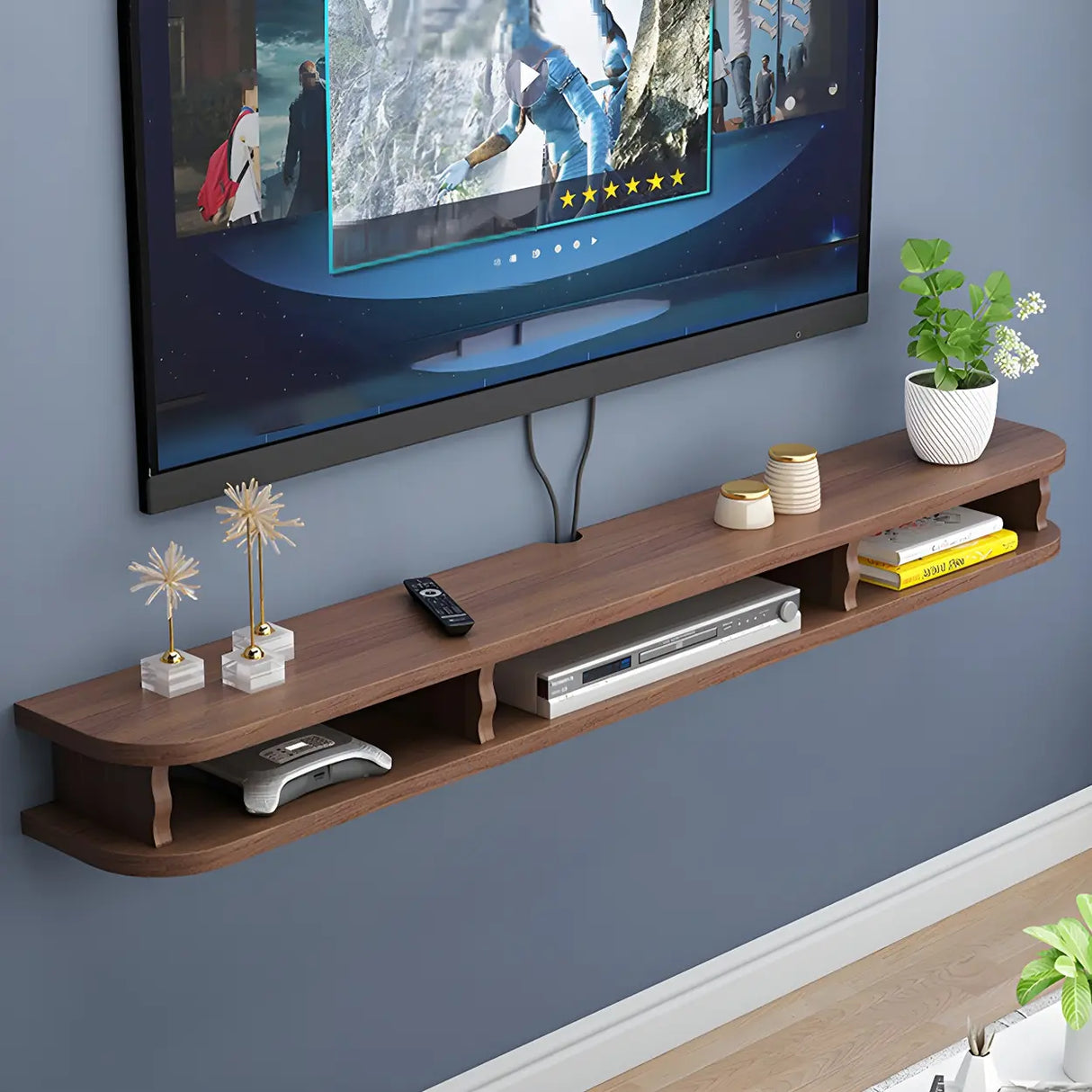 Walnut Wood Floating Mount Open Storage TV Stand Image - 17