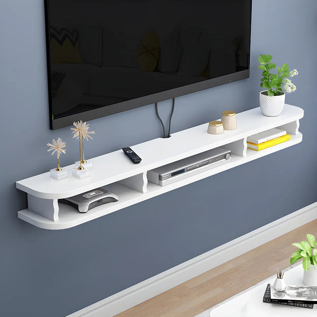 Walnut Wood Floating Mount Open Storage TV Stand Image - 3