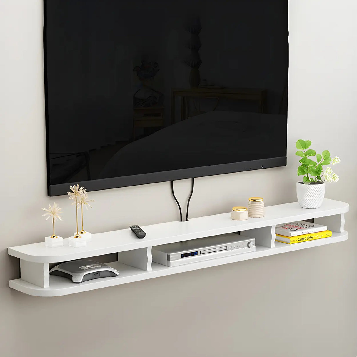 Walnut Wood Floating Mount Open Storage TV Stand Image - 5