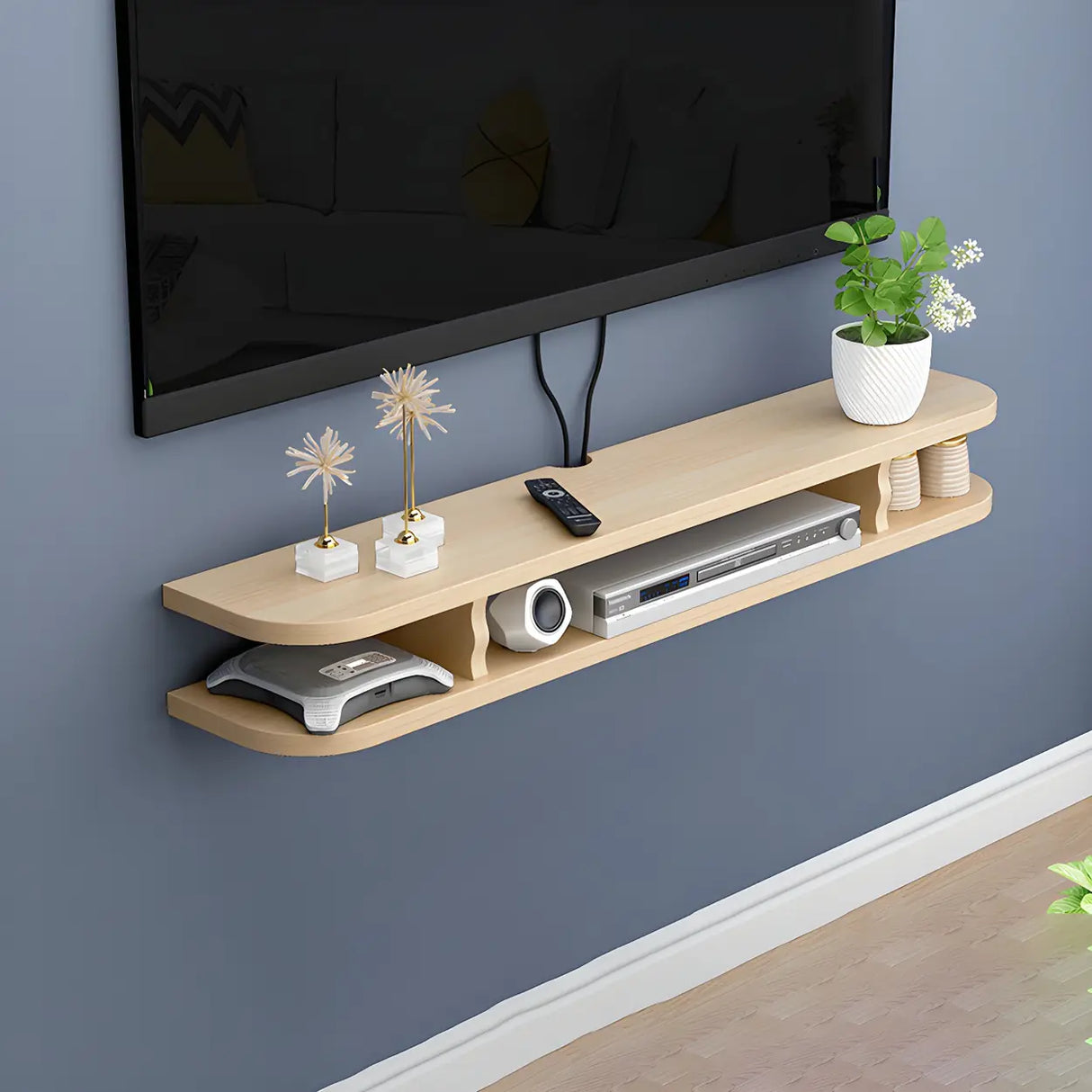 Walnut Wood Floating Mount Open Storage TV Stand Image - 6