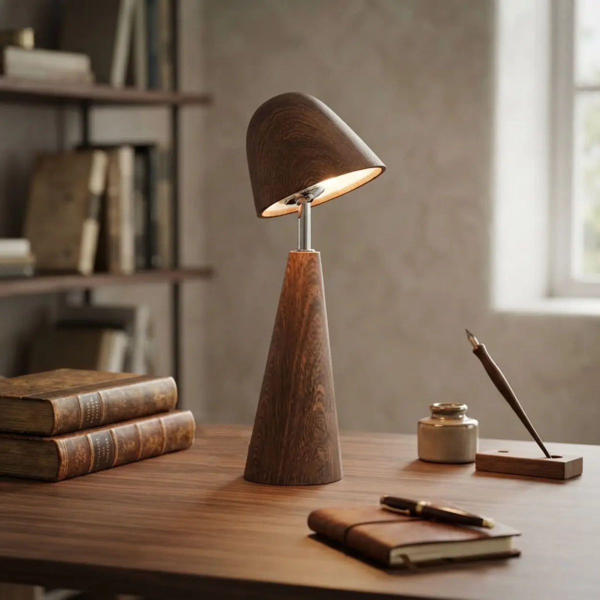 Walnut Wood Grain Ceramic Touch Dimmable LED Table Lamp Image - 3