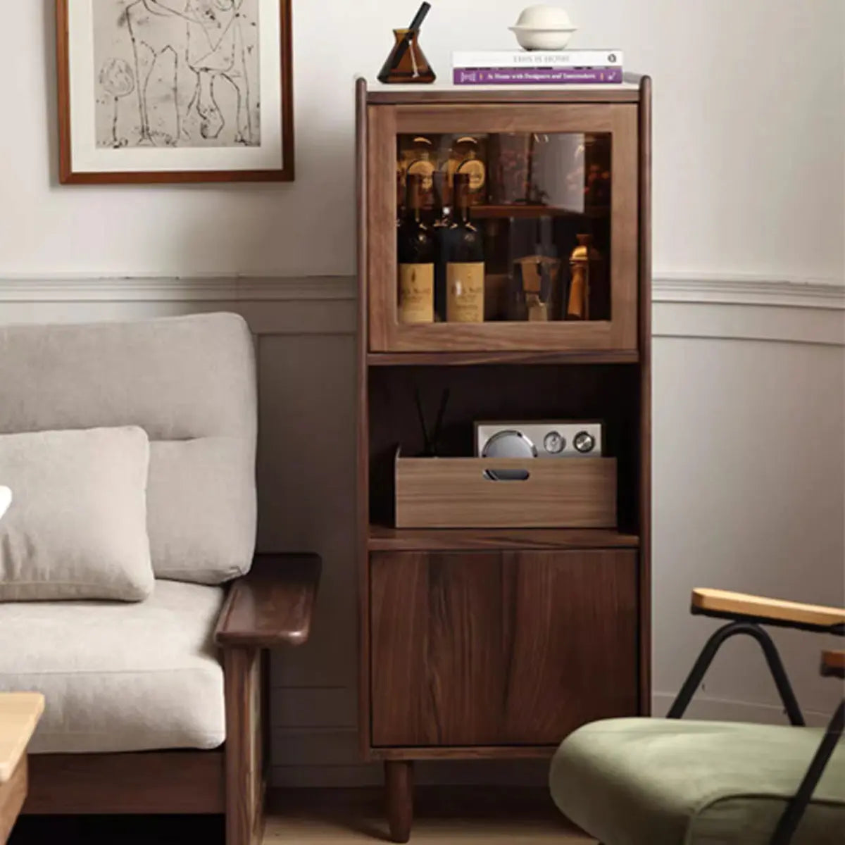 Walnut Wood Narrow Open Storage Buffet with Lighting Image - 3