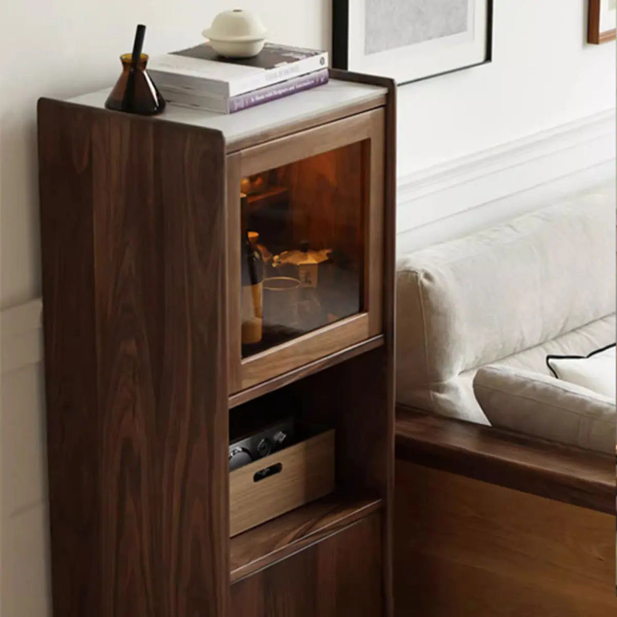 Walnut Wood Narrow Open Storage Buffet with Lighting Image - 4