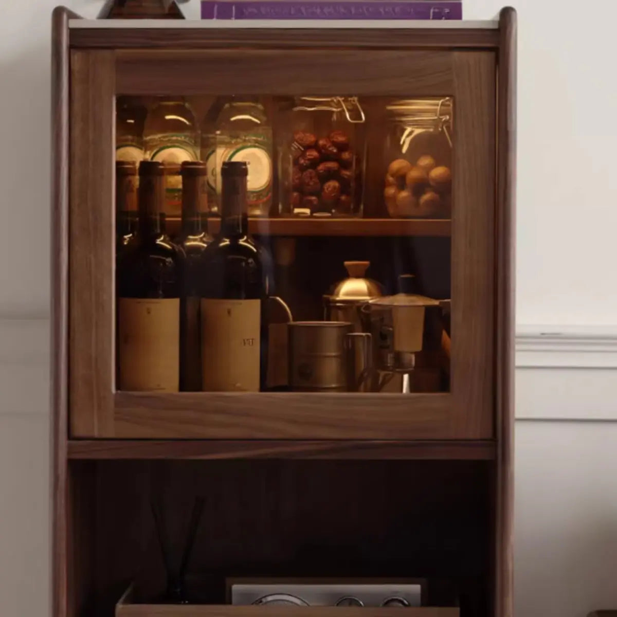 Walnut Wood Narrow Open Storage Buffet with Lighting Image - 6