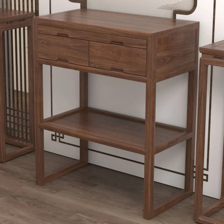Walnut Wood Storage Console Table with Drawers and Shelves Image - 1