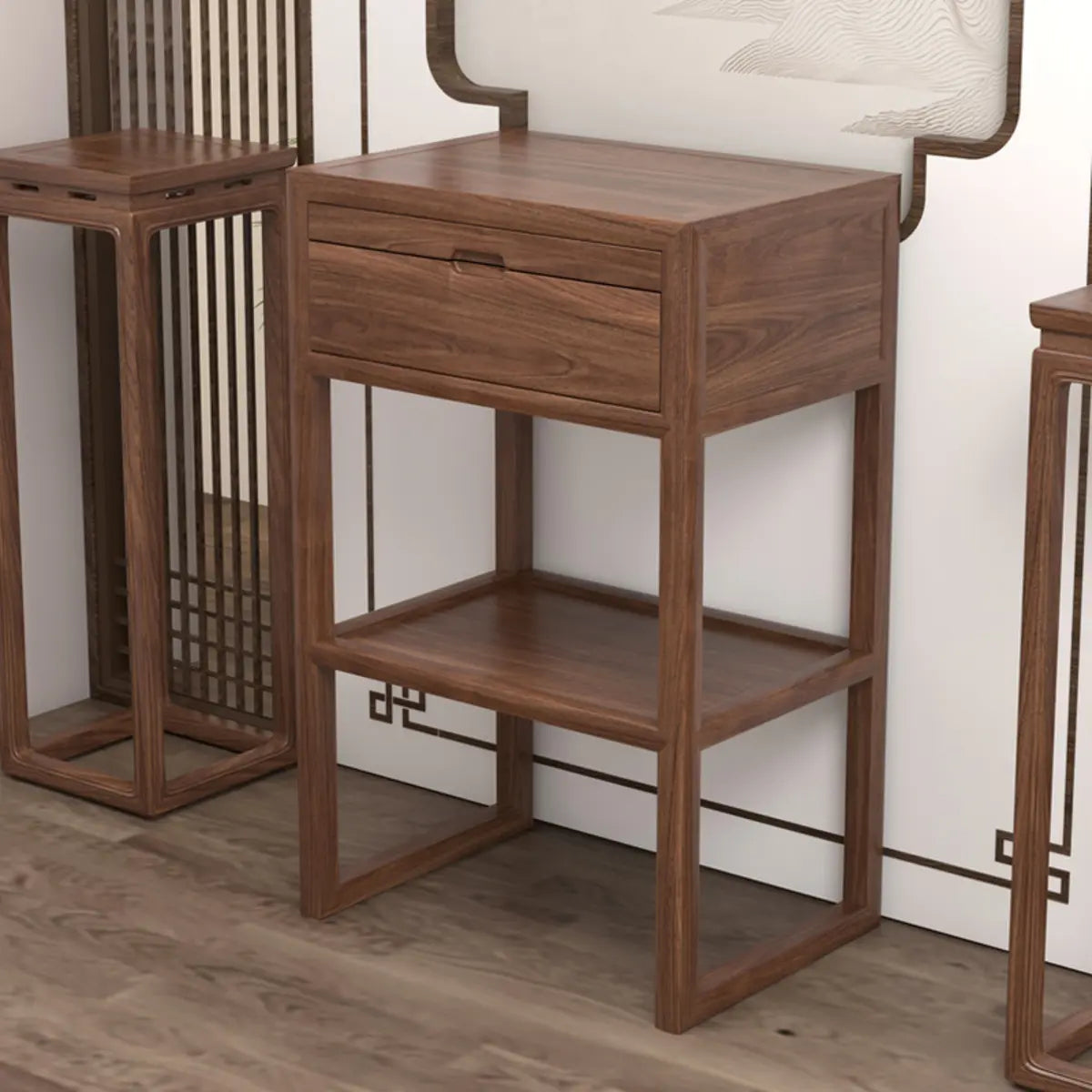 Walnut Wood Storage Console Table with Drawers and Shelves Image - 4