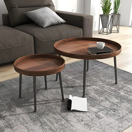 Walnut Wooden Tray Top Metal Base Round Coffee Table Image - 1