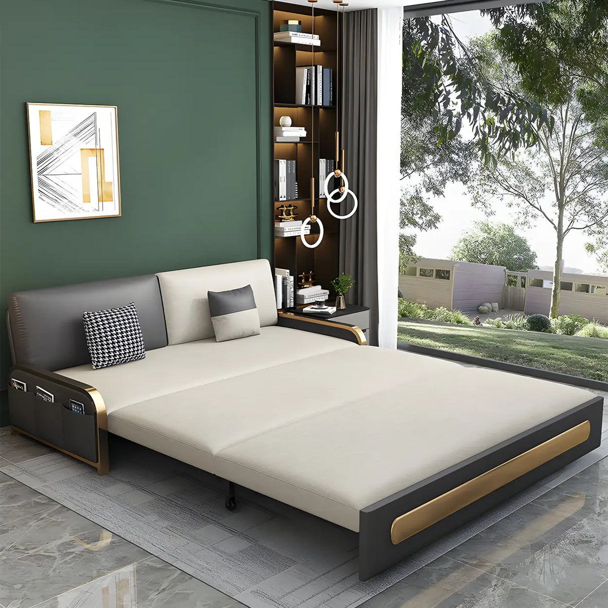 Water Resistant Faux Leather Cushion Back Sofa Bed Image - 4