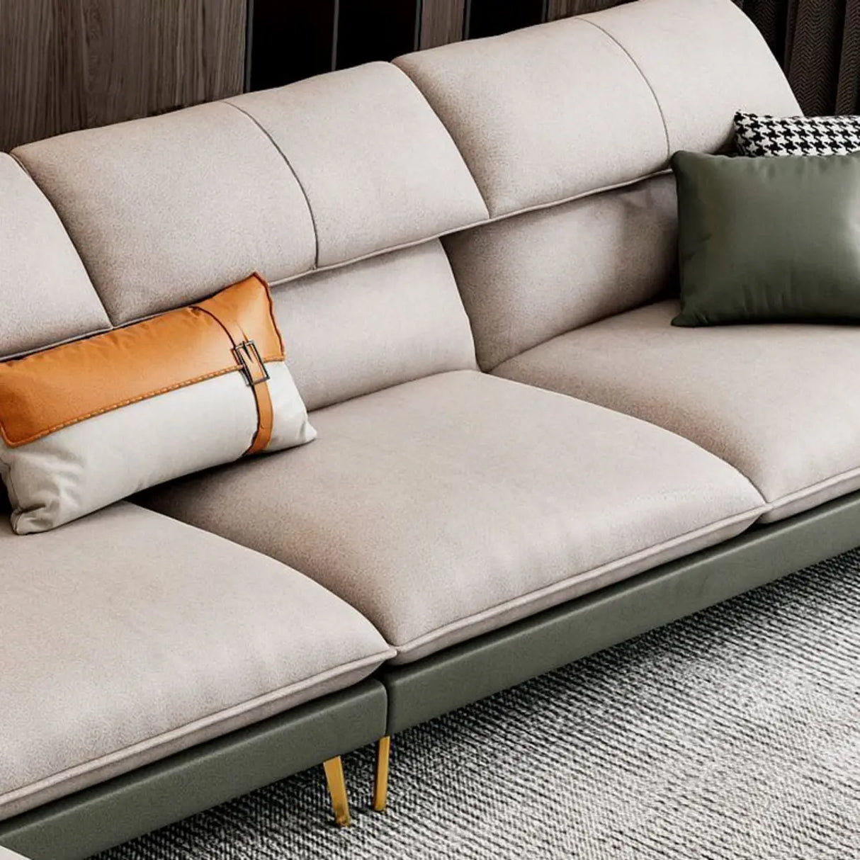 Water Resistant L-Shaped Fabric Pillow Back Beige Sofa Image - 11