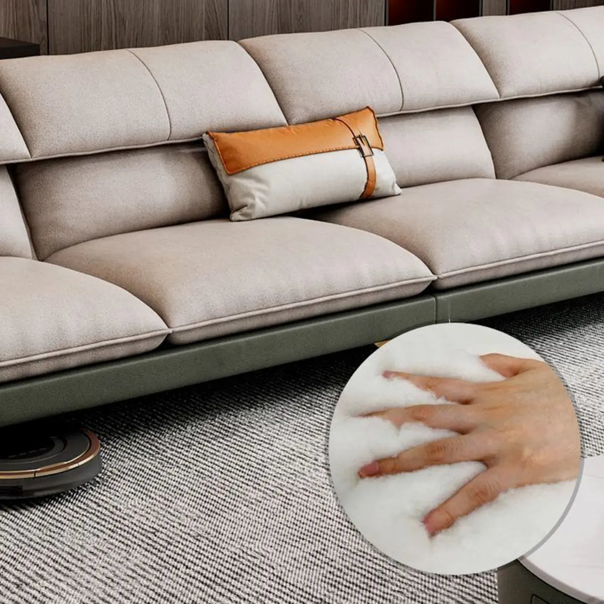 Water Resistant L-Shaped Fabric Pillow Back Beige Sofa Image - 12