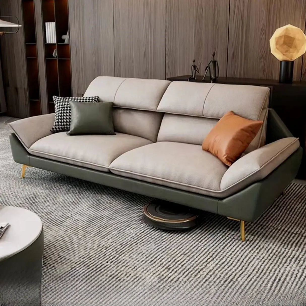 Water Resistant L-Shaped Fabric Pillow Back Beige Sofa Image - 2