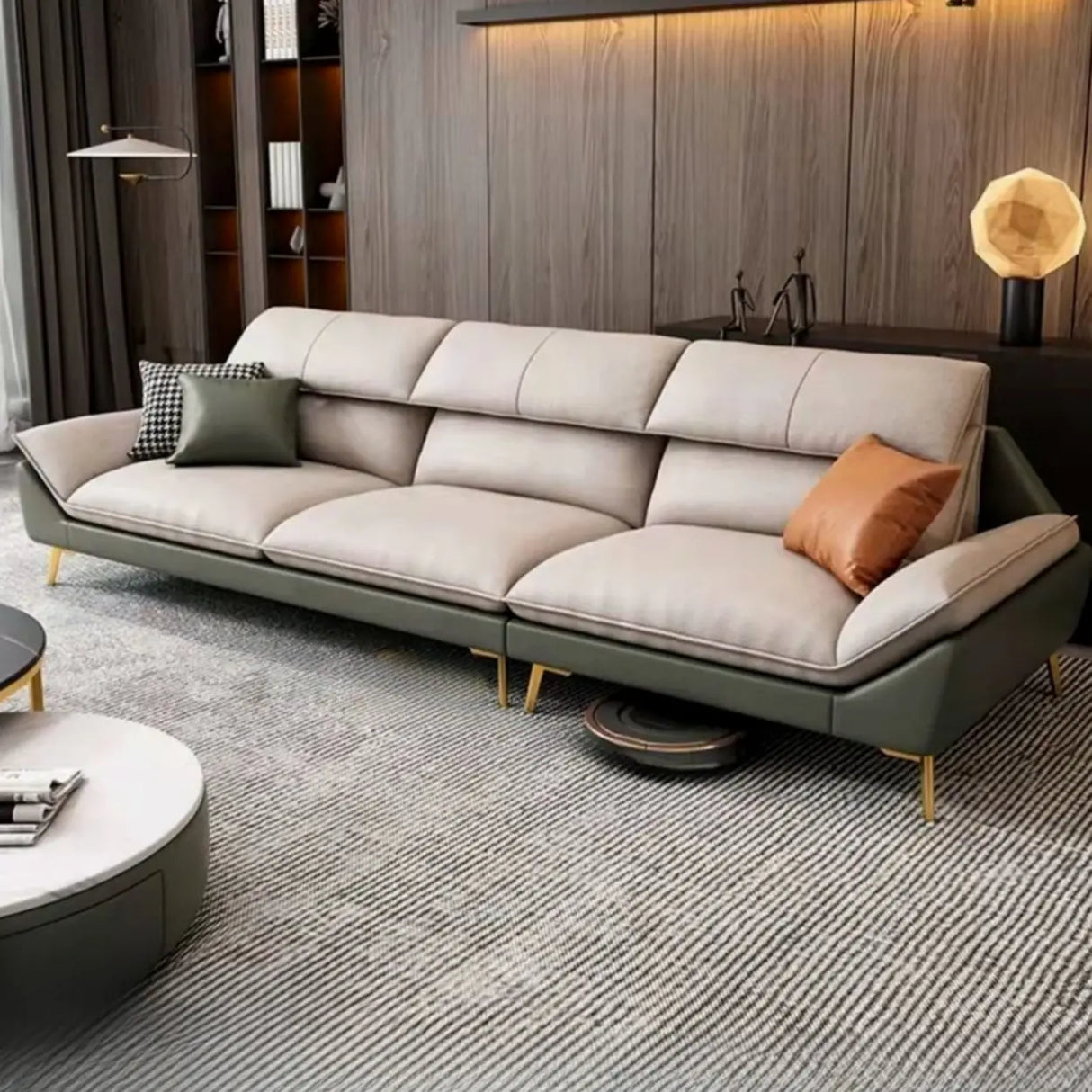 Water Resistant L-Shaped Fabric Pillow Back Beige Sofa Image - 3