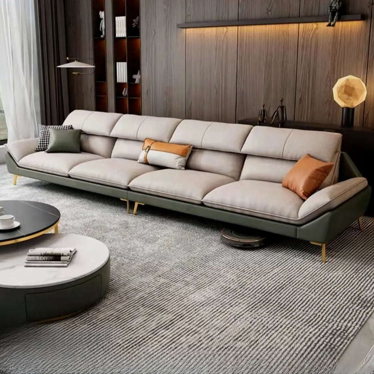 Water Resistant L-Shaped Fabric Pillow Back Beige Sofa Image - 5