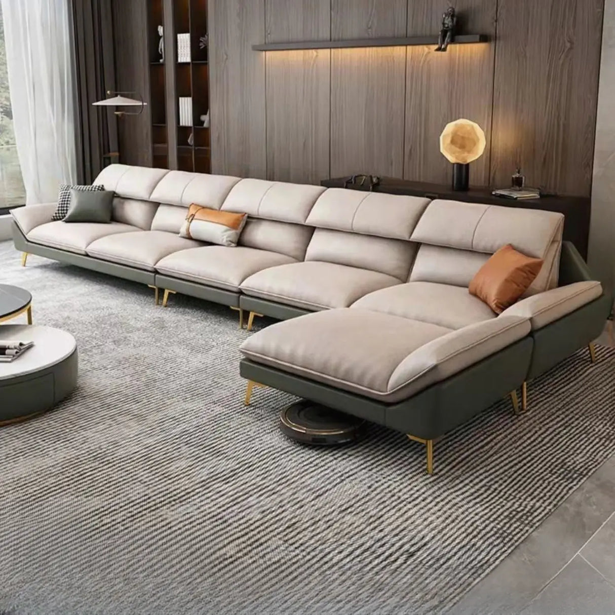 Water Resistant L-Shaped Fabric Pillow Back Beige Sofa Image - 9