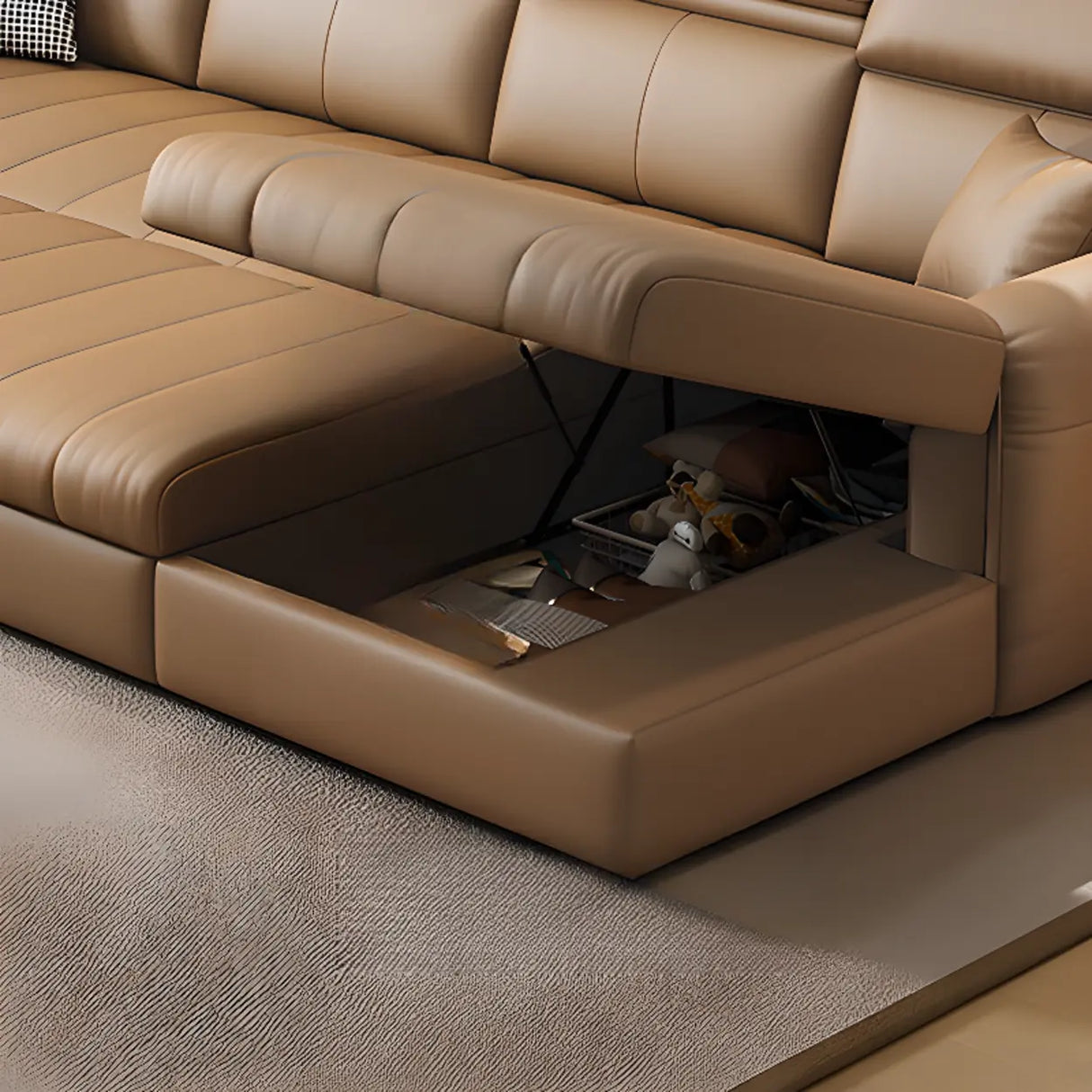 Water Resistant L-Shaped Leather Brown Large Storage Sofa Image - 15