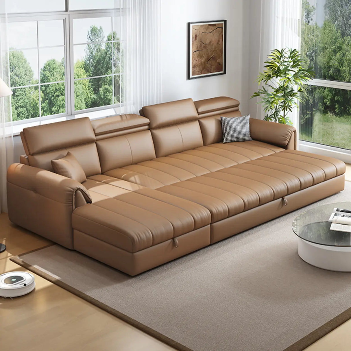 Water Resistant L-Shaped Leather Brown Large Storage Sofa Image - 3