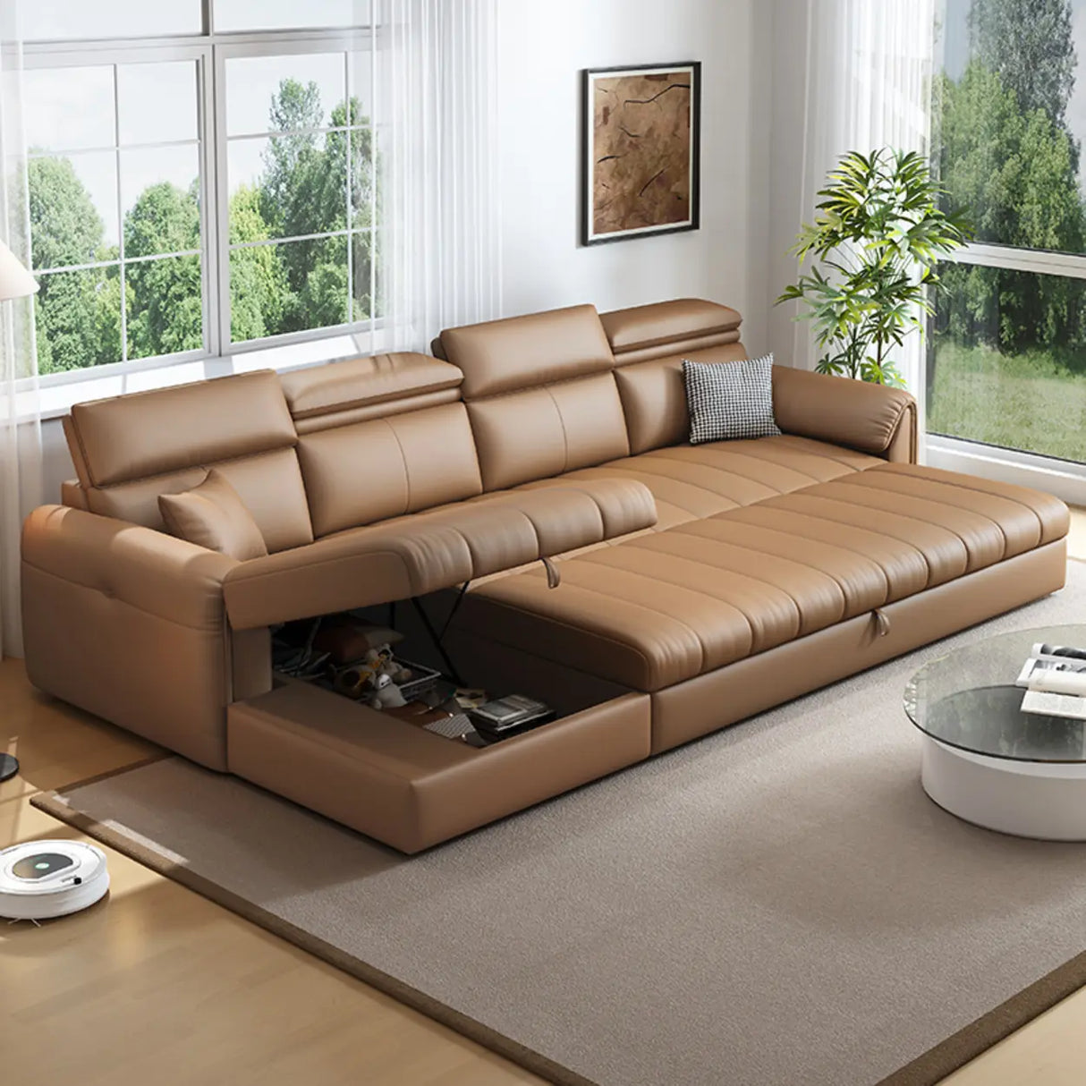 Water Resistant L-Shaped Leather Brown Large Storage Sofa Image - 8