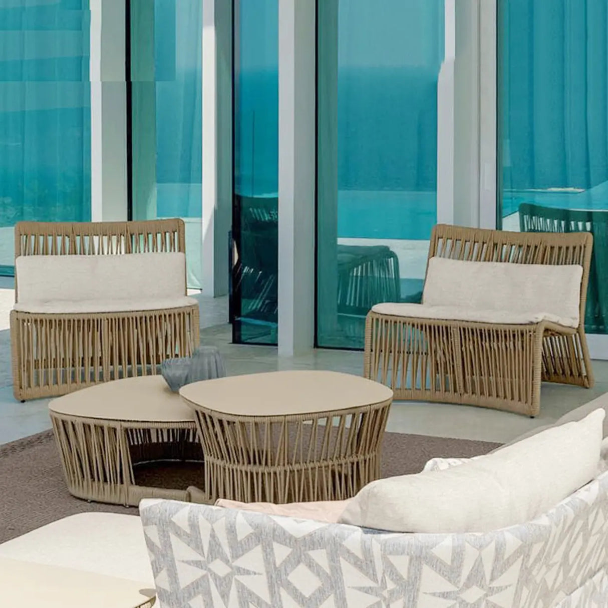 Waterproof Beige Outdoor Patio Rope Sofa Set with Cushions Image - 6
