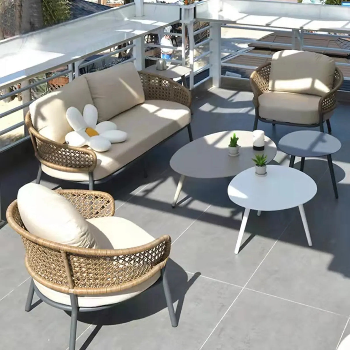 Waterproof Outdoor Round Wicker Beige Patio Furniture Set Image - 5