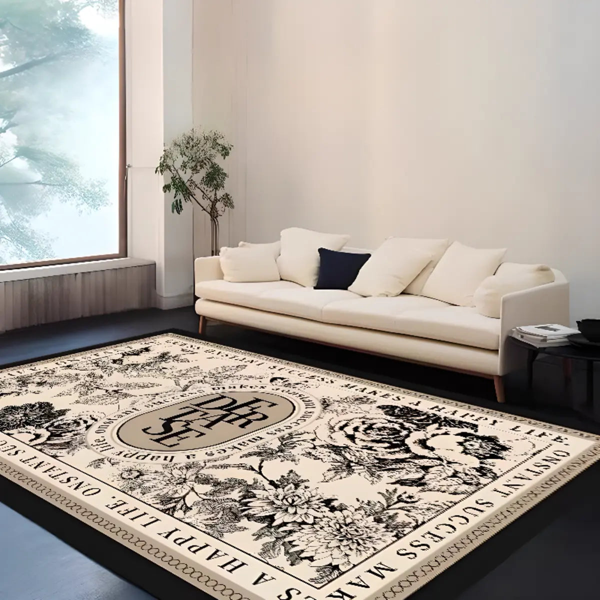 Waterproof Vintage Rectangle Black Floral Area Rug Image - 1