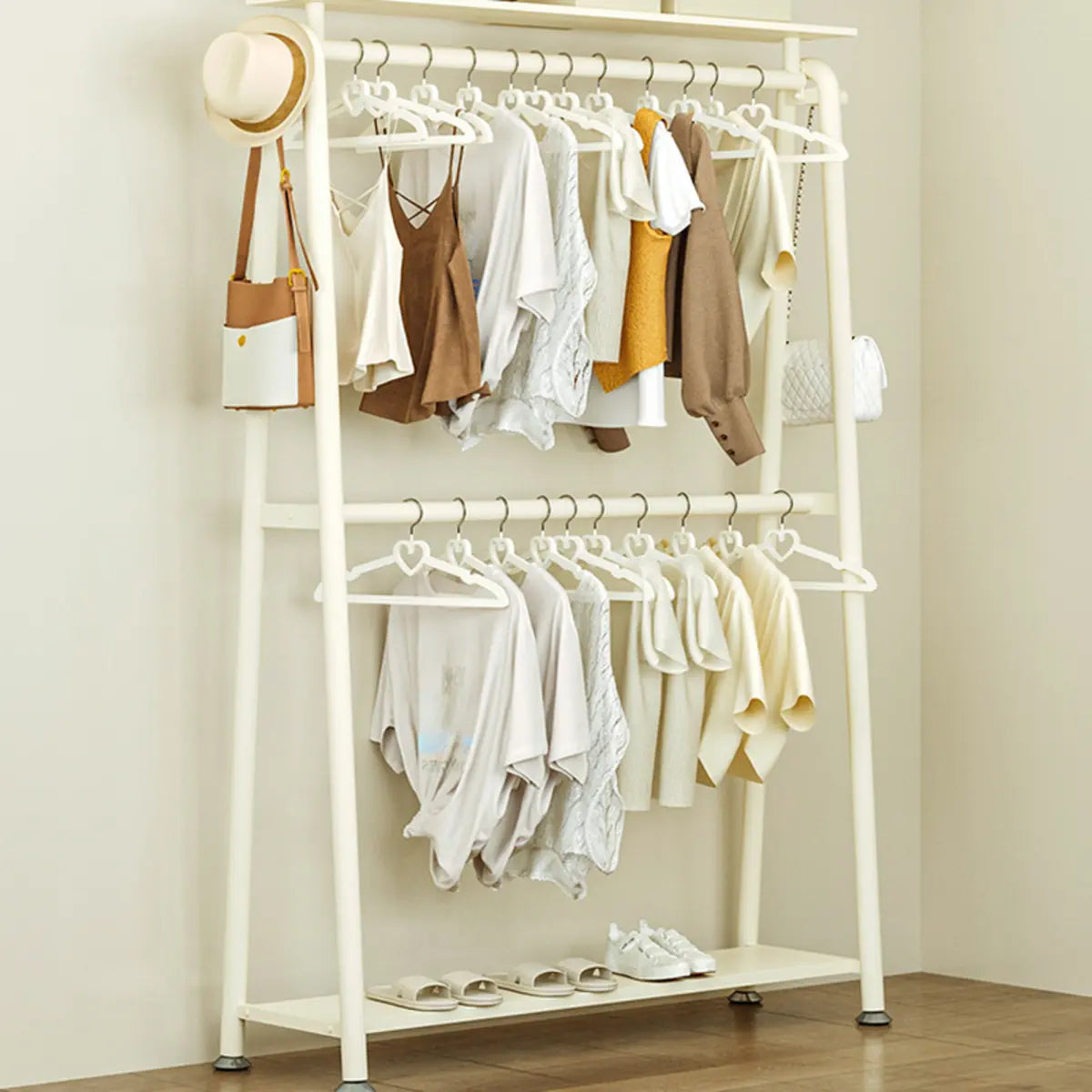 White A-Frame Metal Hallway Coat Rack with Shelves Image - 1
