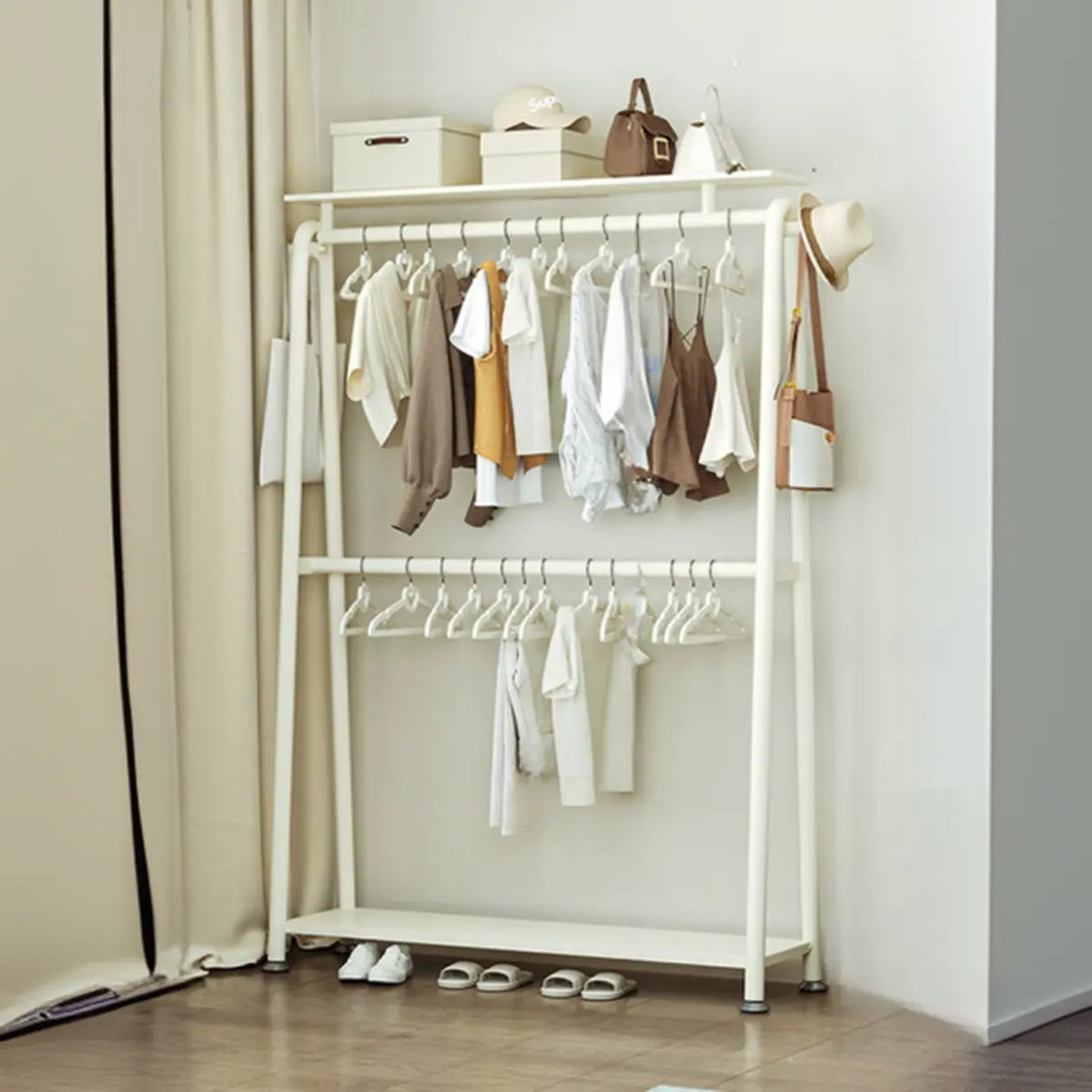 White A-Frame Metal Hallway Coat Rack with Shelves Image - 3