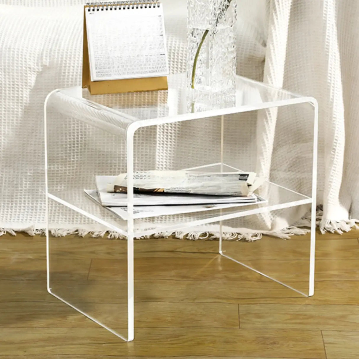 White Acrylic Open Storage Kids Nightstand with Shelf Image - 1