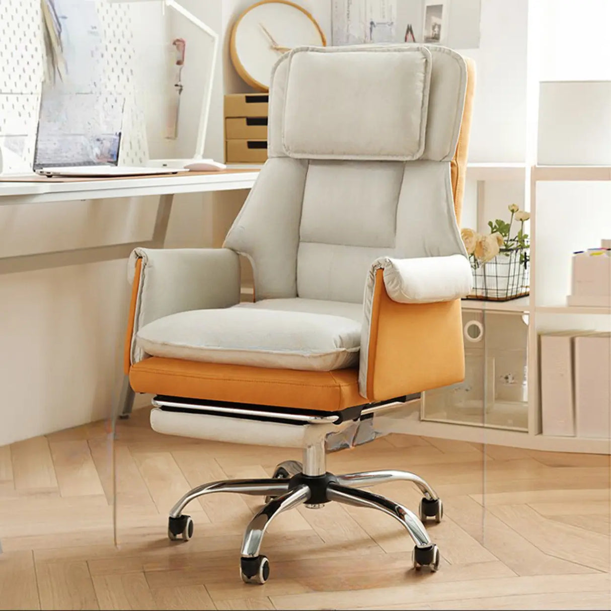 White Adjustable Back Angle Swivel PU Leather Office Chair Image - 3