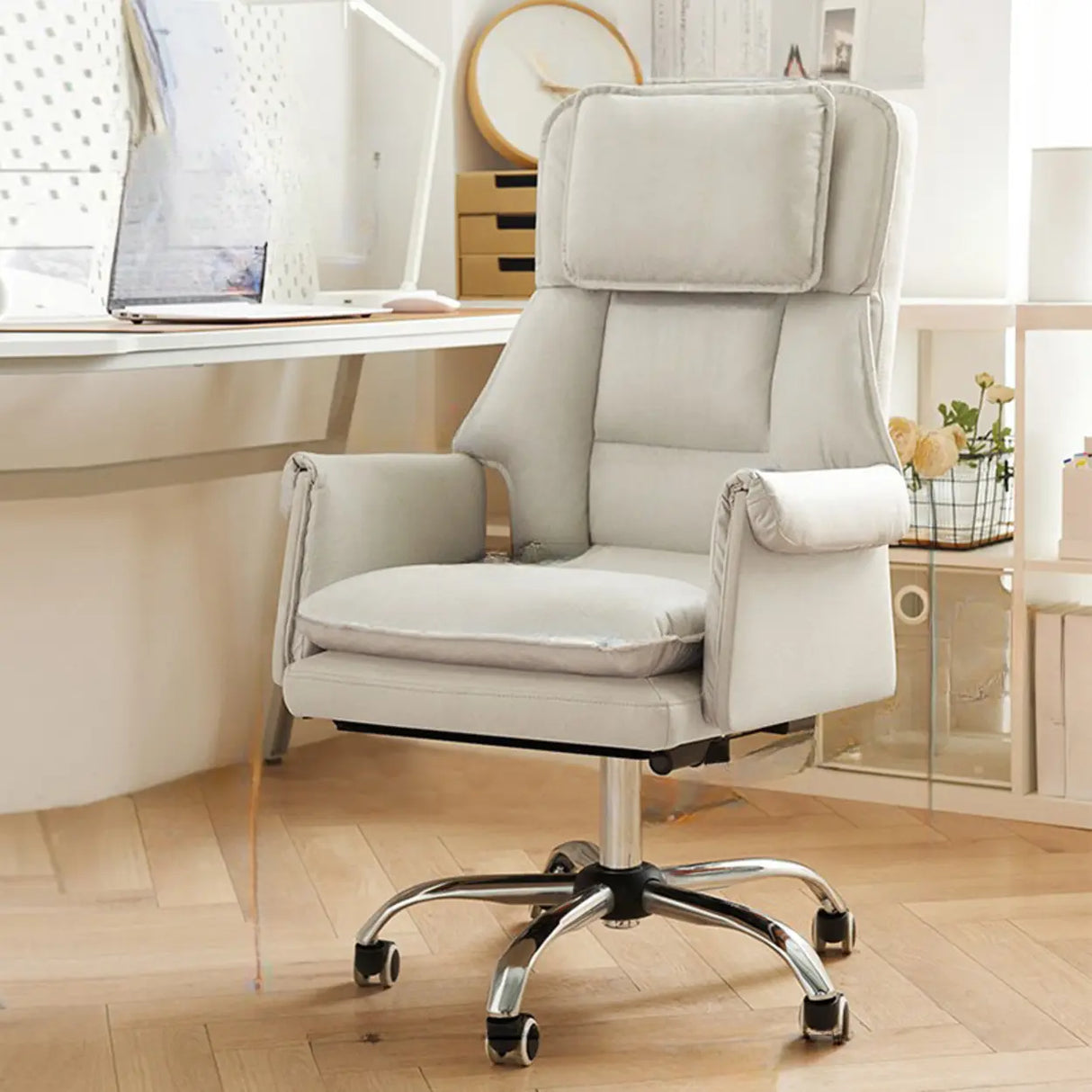 White Adjustable Back Angle Swivel PU Leather Office Chair Image - 4