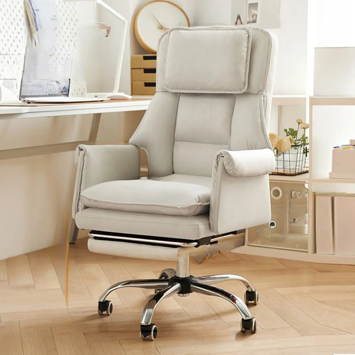 White Adjustable Back Angle Swivel PU Leather Office Chair Image - 5