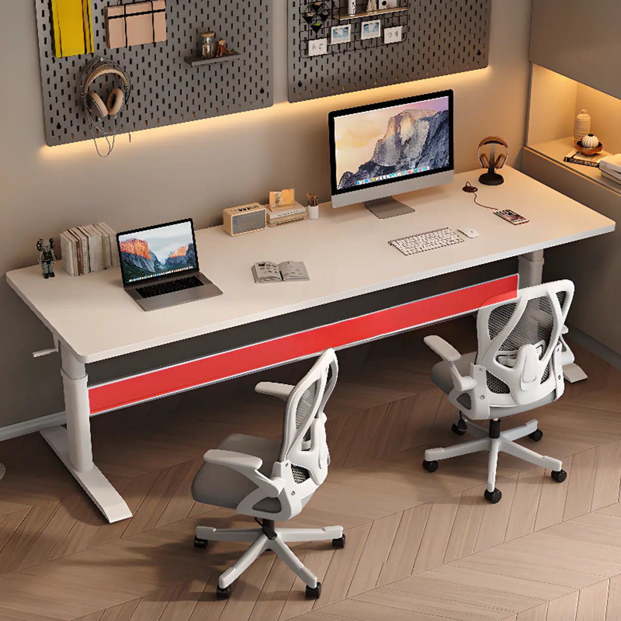 White Adjustable Double Wooden Computer Desk Image - 4