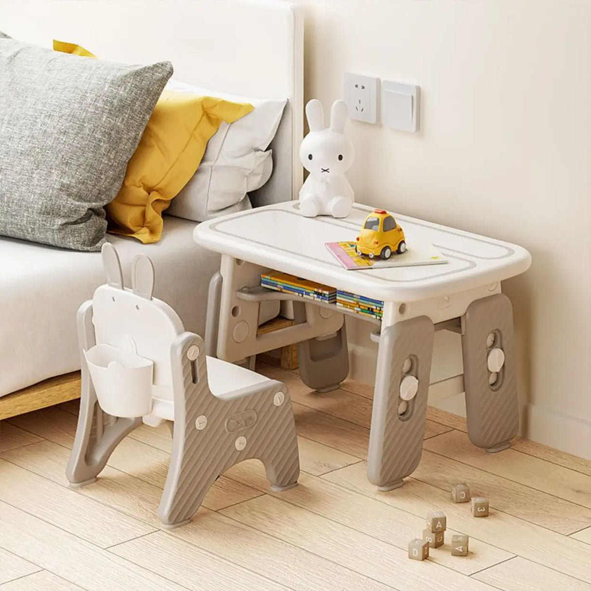 White Adjustable Toddler Desk Chair Set with Storage Image - 1
