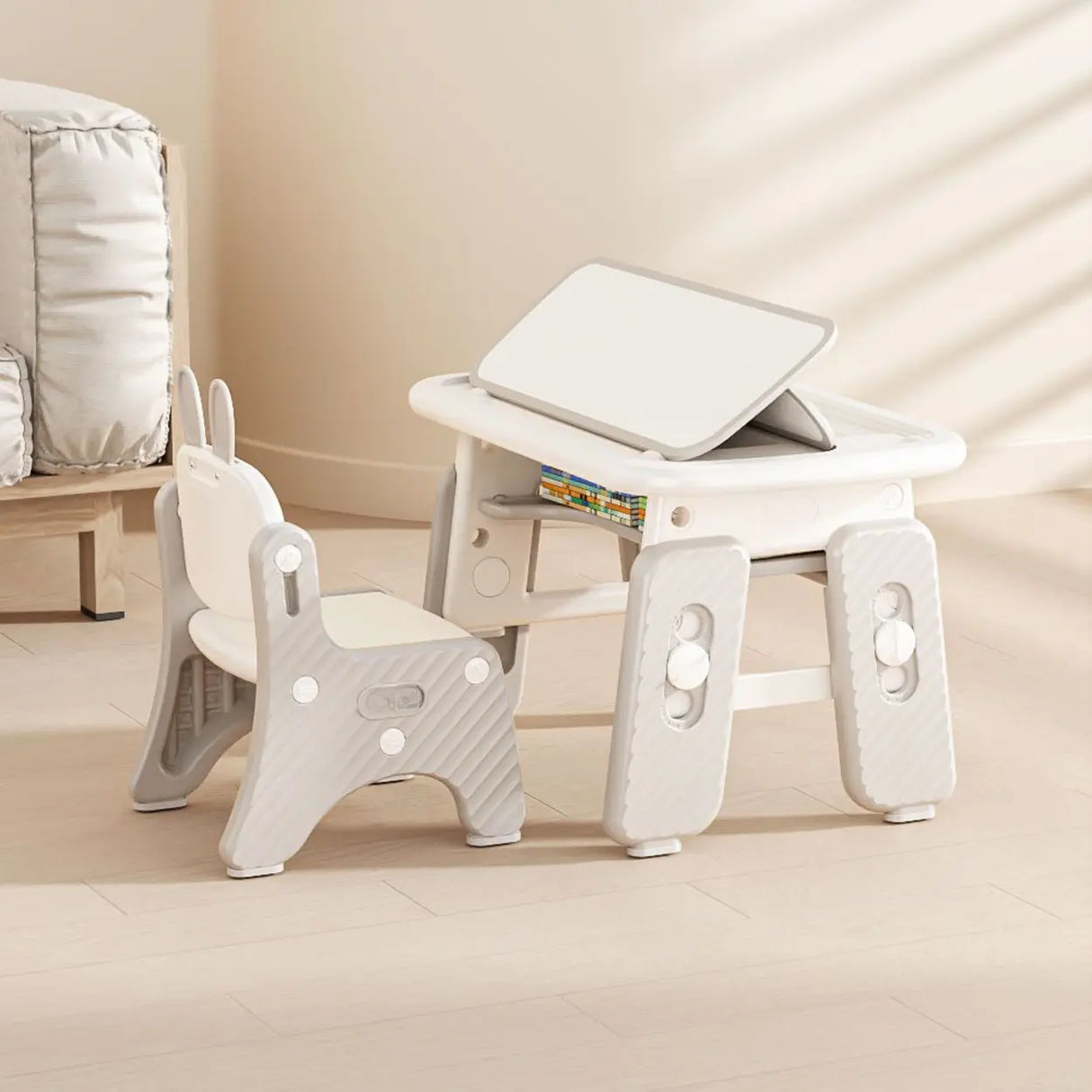 White Adjustable Toddler Desk Chair Set with Storage Image - 3
