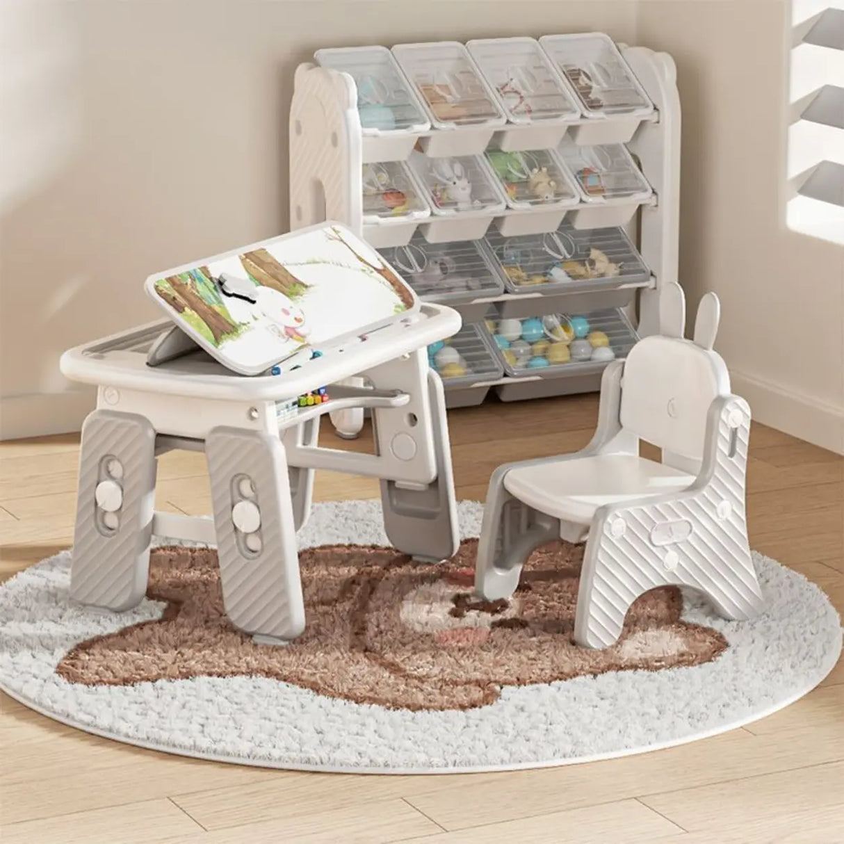 White Adjustable Toddler Desk Chair Set with Storage Image - 4