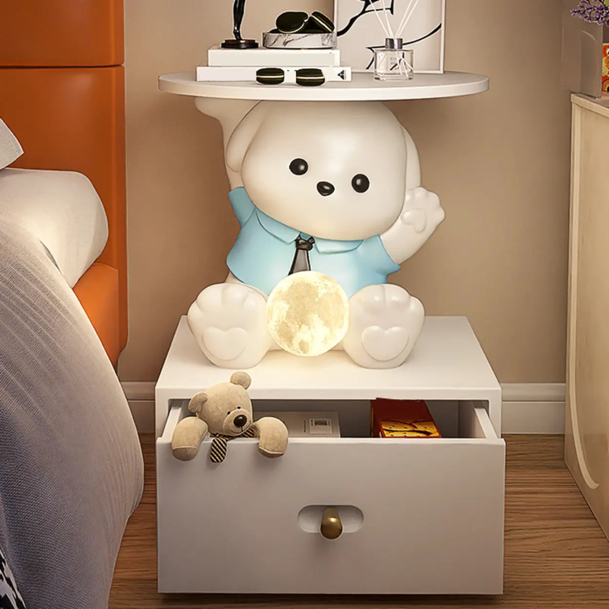 White Animal Resin Storage Kids Nightstand with Lights Image - 1