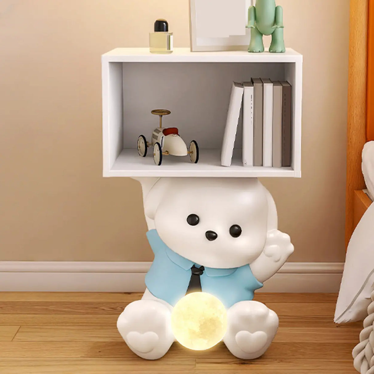 White Animal Resin Storage Kids Nightstand with Lights Image - 3