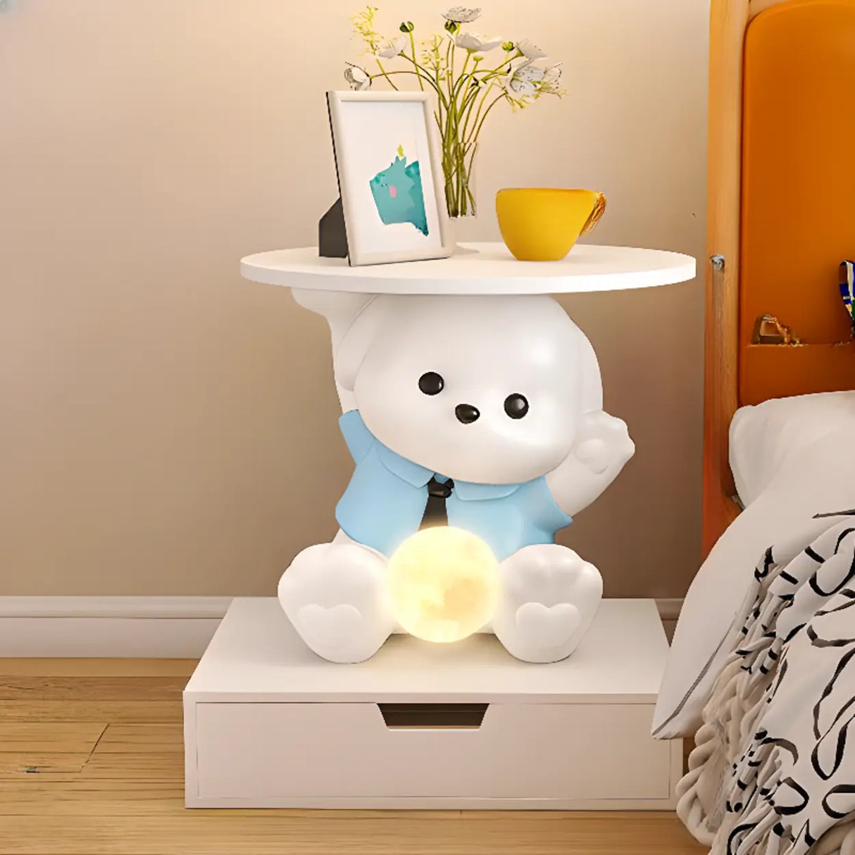White Animal Resin Storage Kids Nightstand with Lights Image - 5