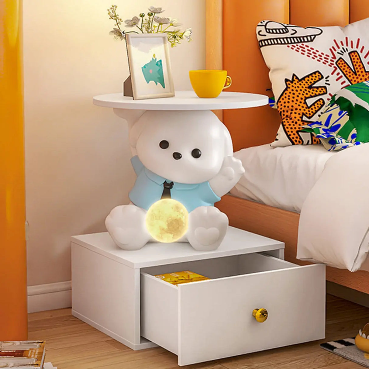 White Animal Resin Storage Kids Nightstand with Lights Image - 6