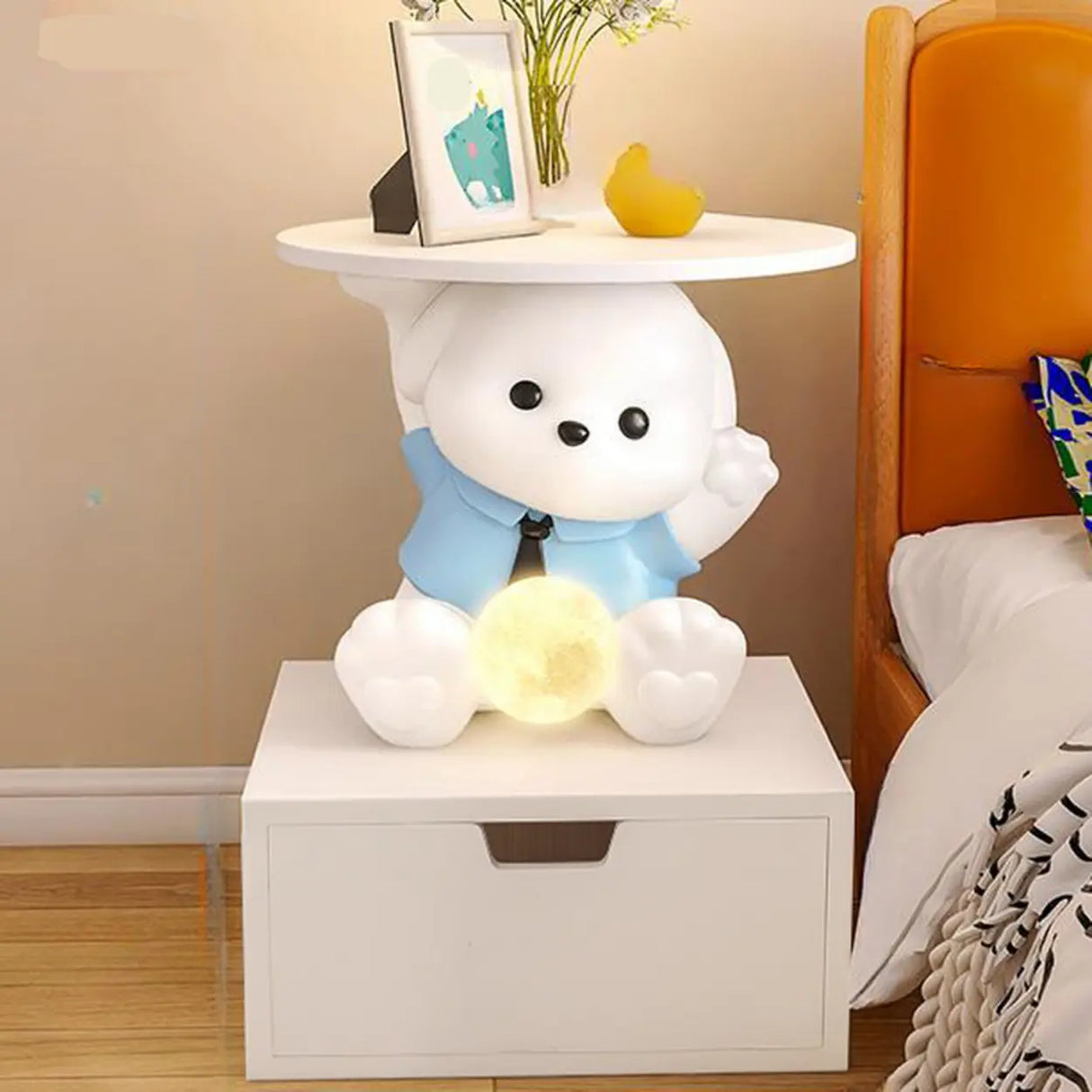 White Animal Resin Storage Kids Nightstand with Lights Image - 7