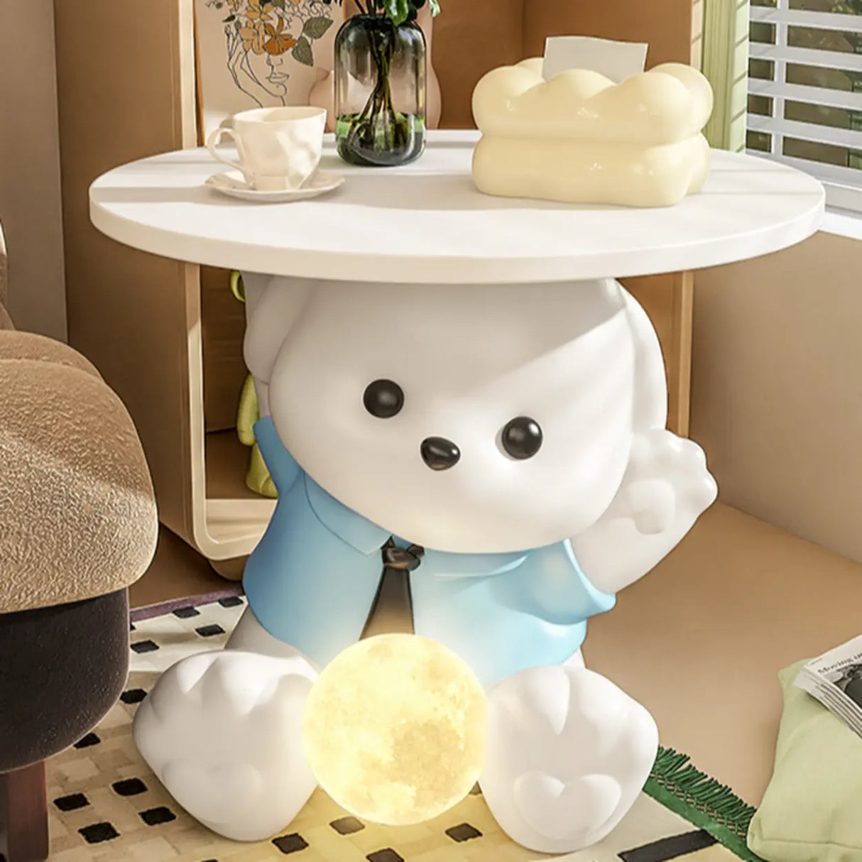 White Animal Resin Storage Kids Nightstand with Lights Image - 8