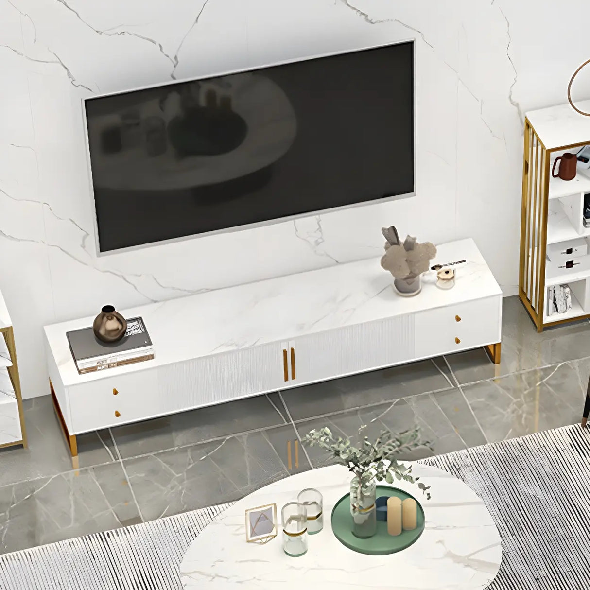 White Artificial Wood Enclosed Storage Drawers TV Stand Image - 10