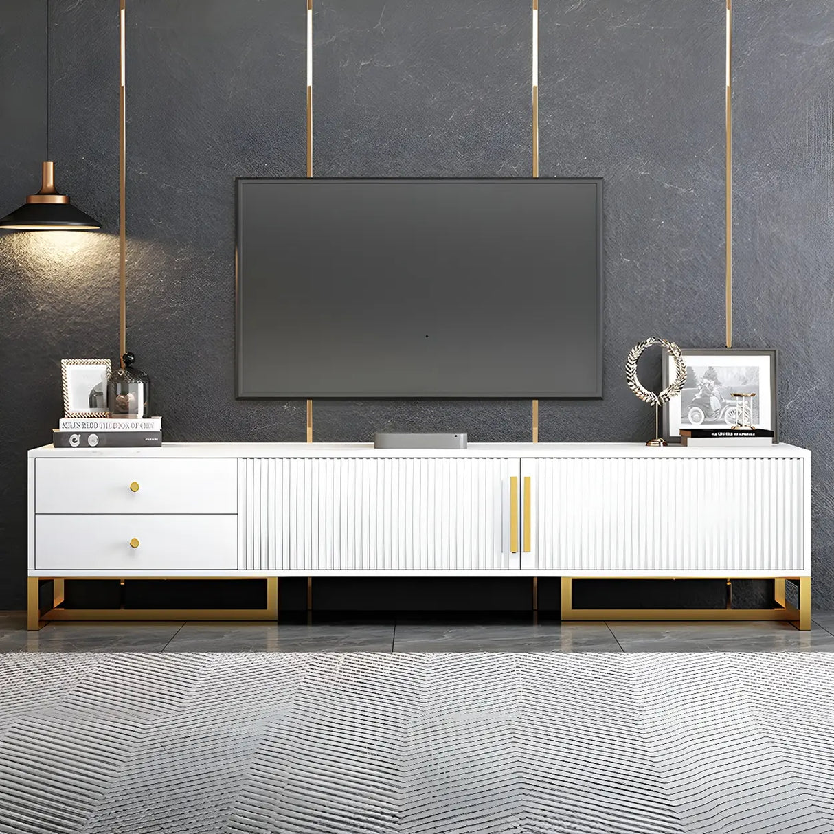 White Artificial Wood Enclosed Storage Drawers TV Stand Image - 11