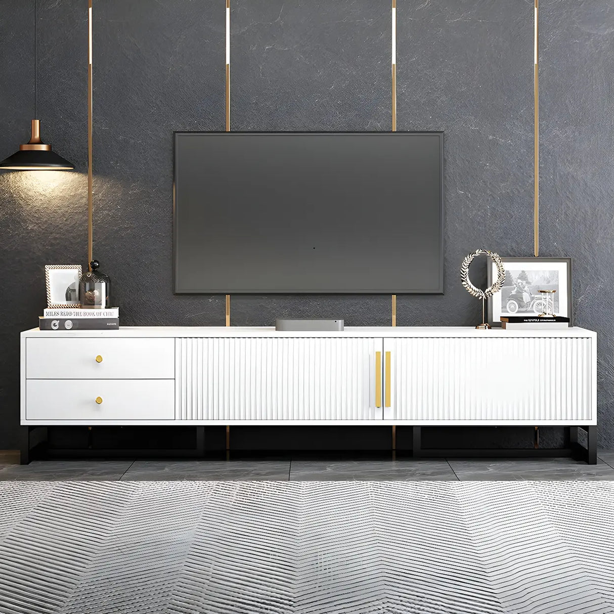 White Artificial Wood Enclosed Storage Drawers TV Stand Image - 2